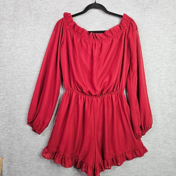 Lulu's Red Ruffle Hem Off the Shoulder Long Sleeve Jumpsuit Women's Size XL - Picture 2 of 8